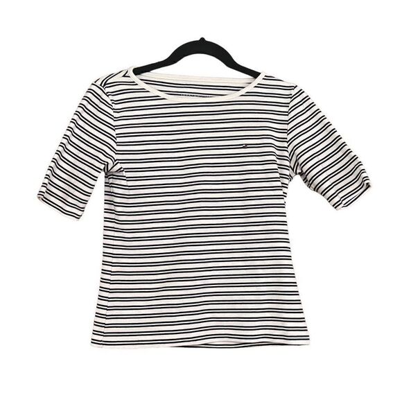 TOMMY HILFIGER White & Navy Blue Striped Short Sleeve Blouse Size S - Picture 1 of 4